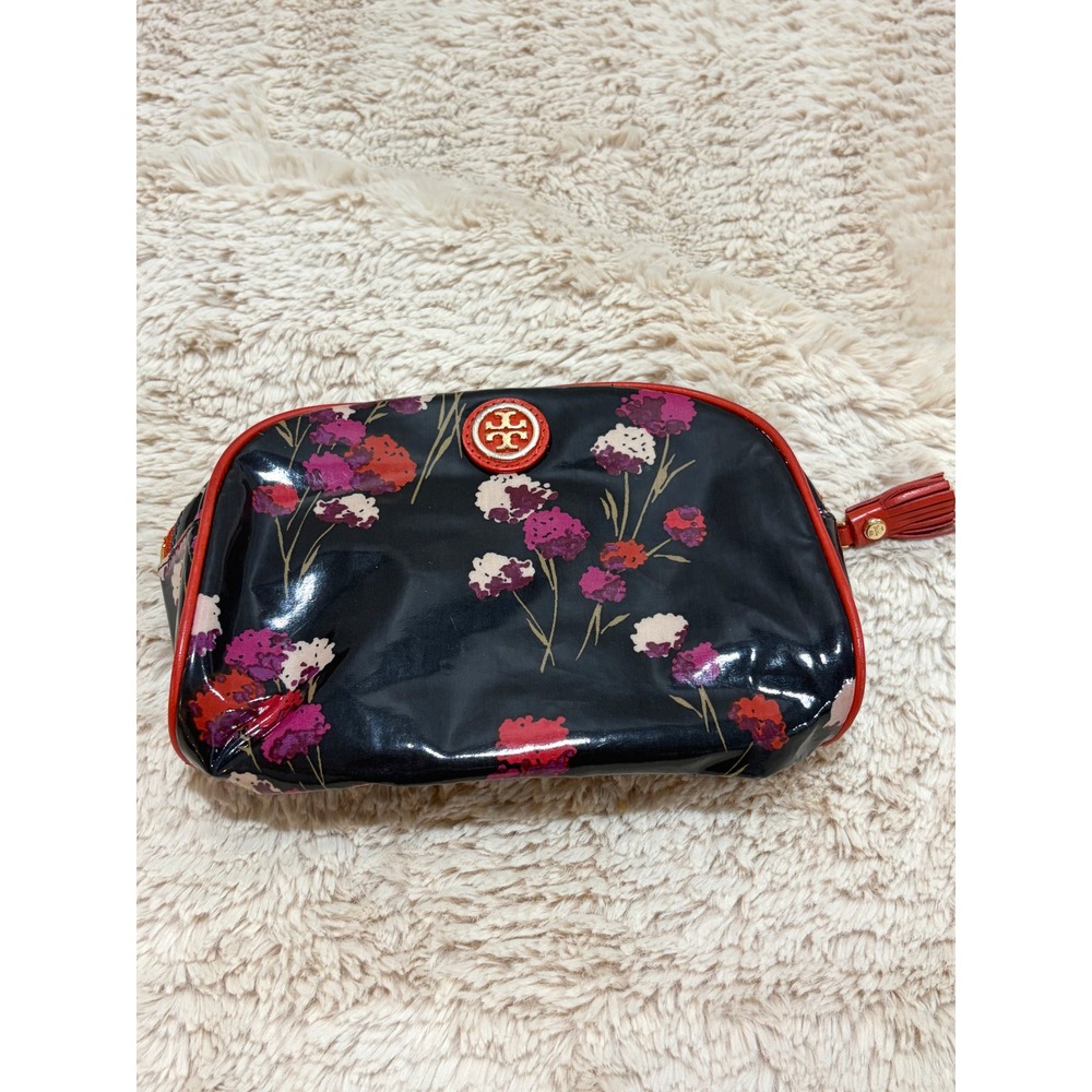 Tory Burch Brigitte Floral Patent Cosmetic Makeup Bag Leather Tassel Polka Dot